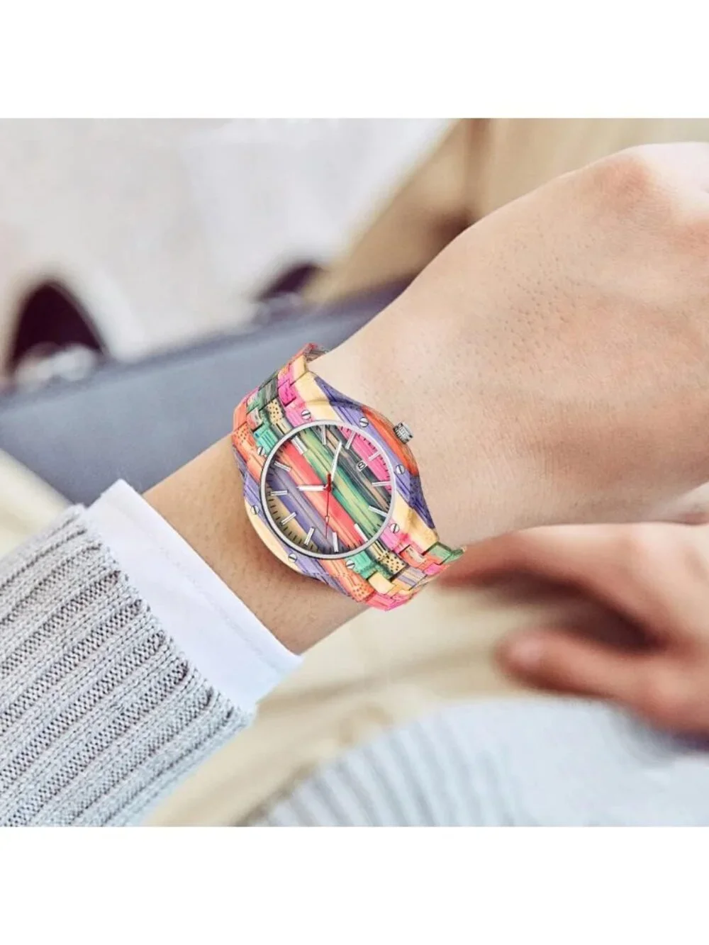 Men's Multicolor Analog Quartz Handmade Colorful Bamboo Geometric Wooden Watch